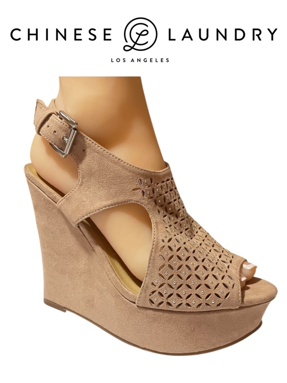 Chinese Laundry Taupe Suede Laser-Cut Wedge Sandals